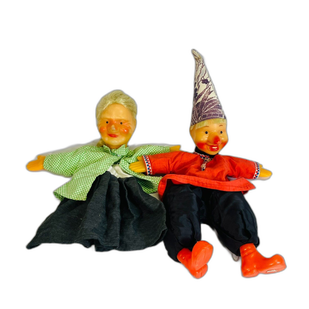 Pair of Vintage Russian Hand Puppet Dolls 1960s Plastic Face
